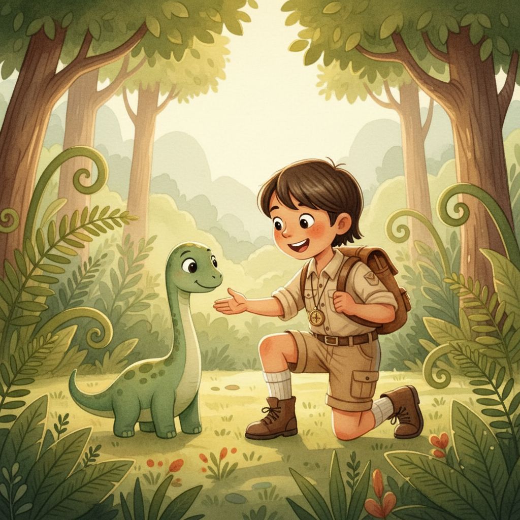 StoryFawn Dinosaurs book cover, featuring a child with prehistoric creatures