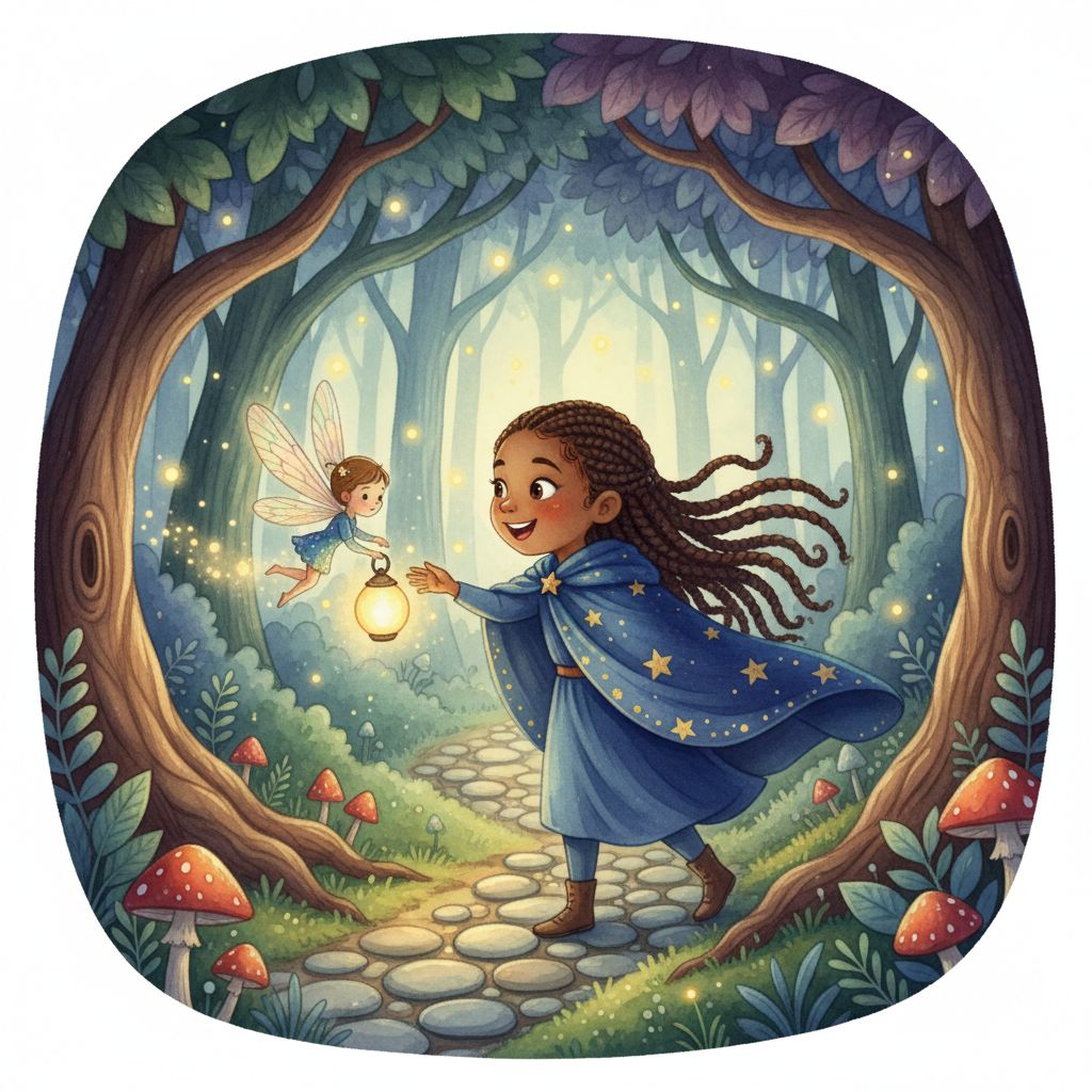 StoryFawn Fairy Tale book cover, with a child in an enchanted forest