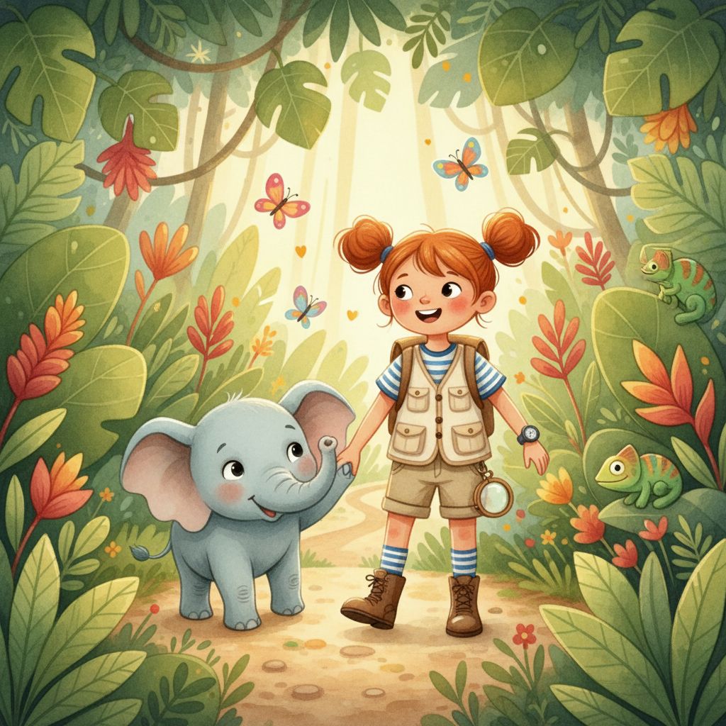 StoryFawn Jungle book cover, with a child among lush trees and animals