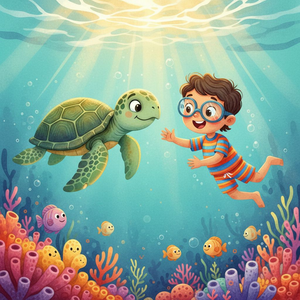 StoryFawn Ocean book cover, showing a child swimming with colorful sea creatures
