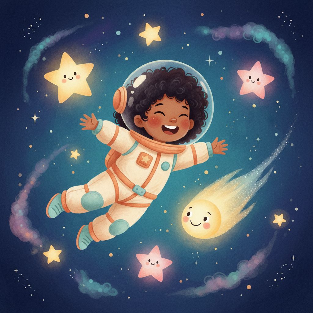 StoryFawn Space book cover, featuring a child in a rocket ship among stars