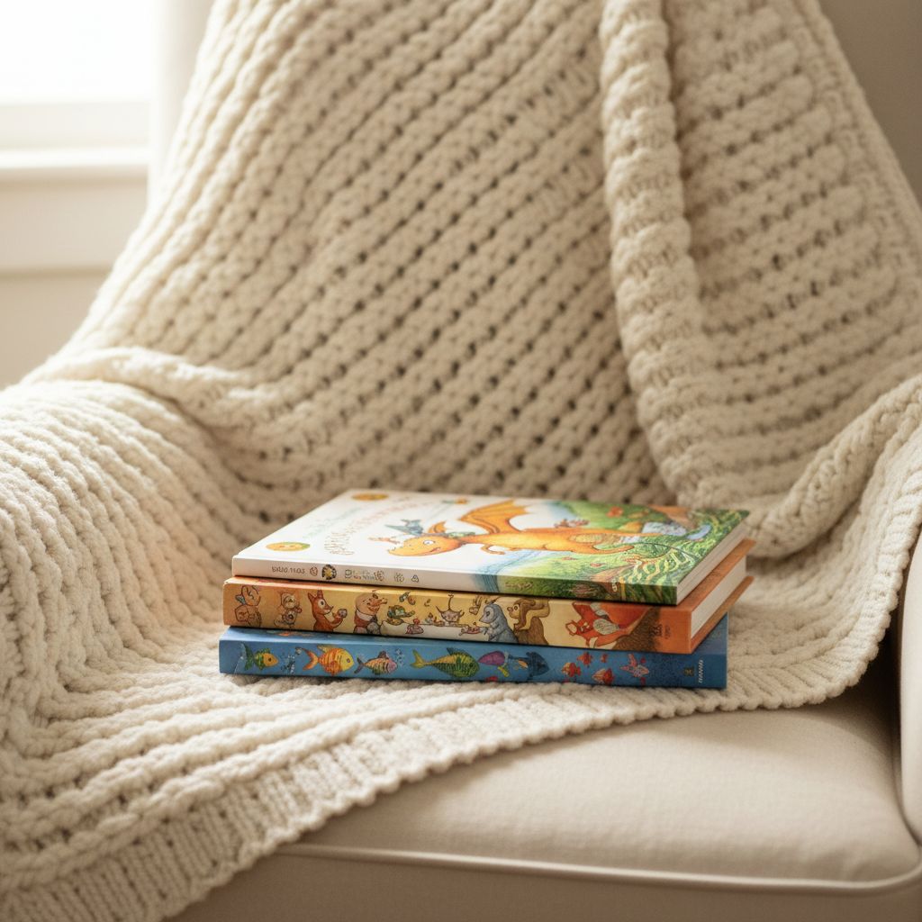 A stack of printed StoryFawn hardcover books on a knit throw
