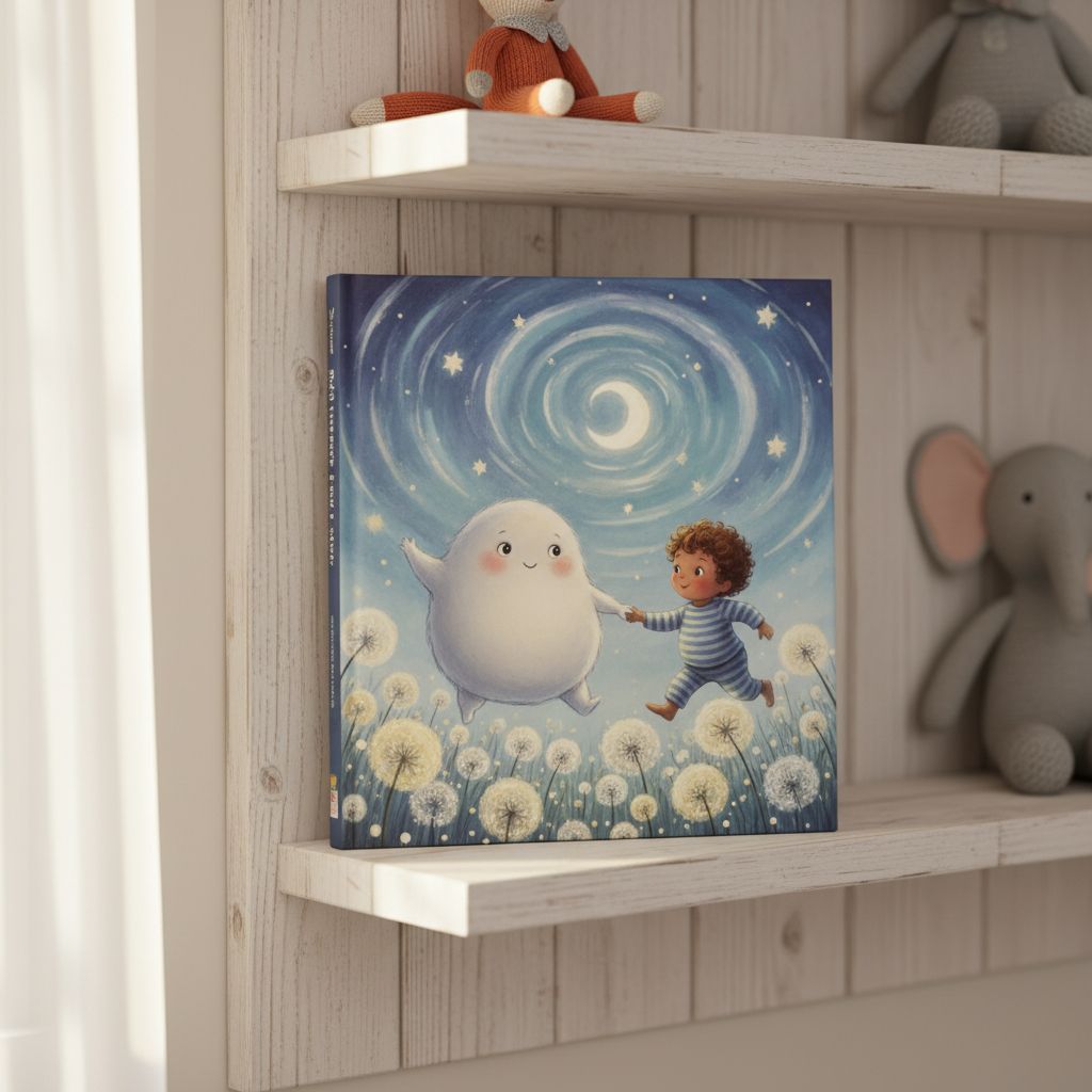A printed StoryFawn hardcover book on a nursery shelf